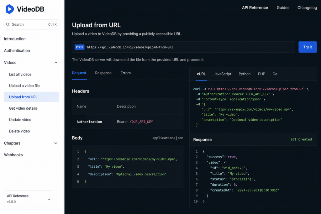 VideoDB API Upload From URL Documentation and Examples
